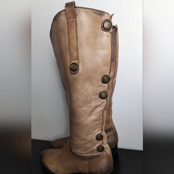 Arturo Chiang Women's 7 Tan Distressed Button Embellished Tall Riding Boots - Picture 2 of 16